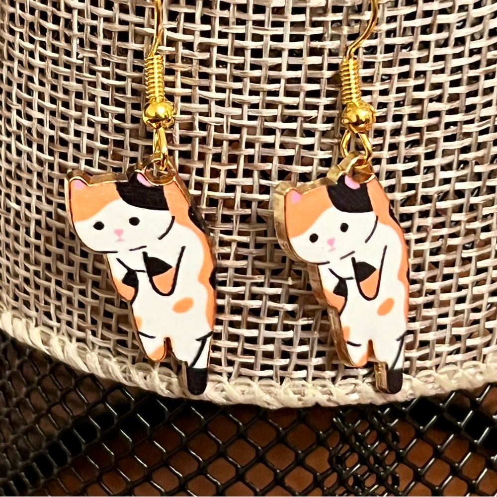 Cat Dangle Earrings Kitty calico black tan white gold kittens cats new